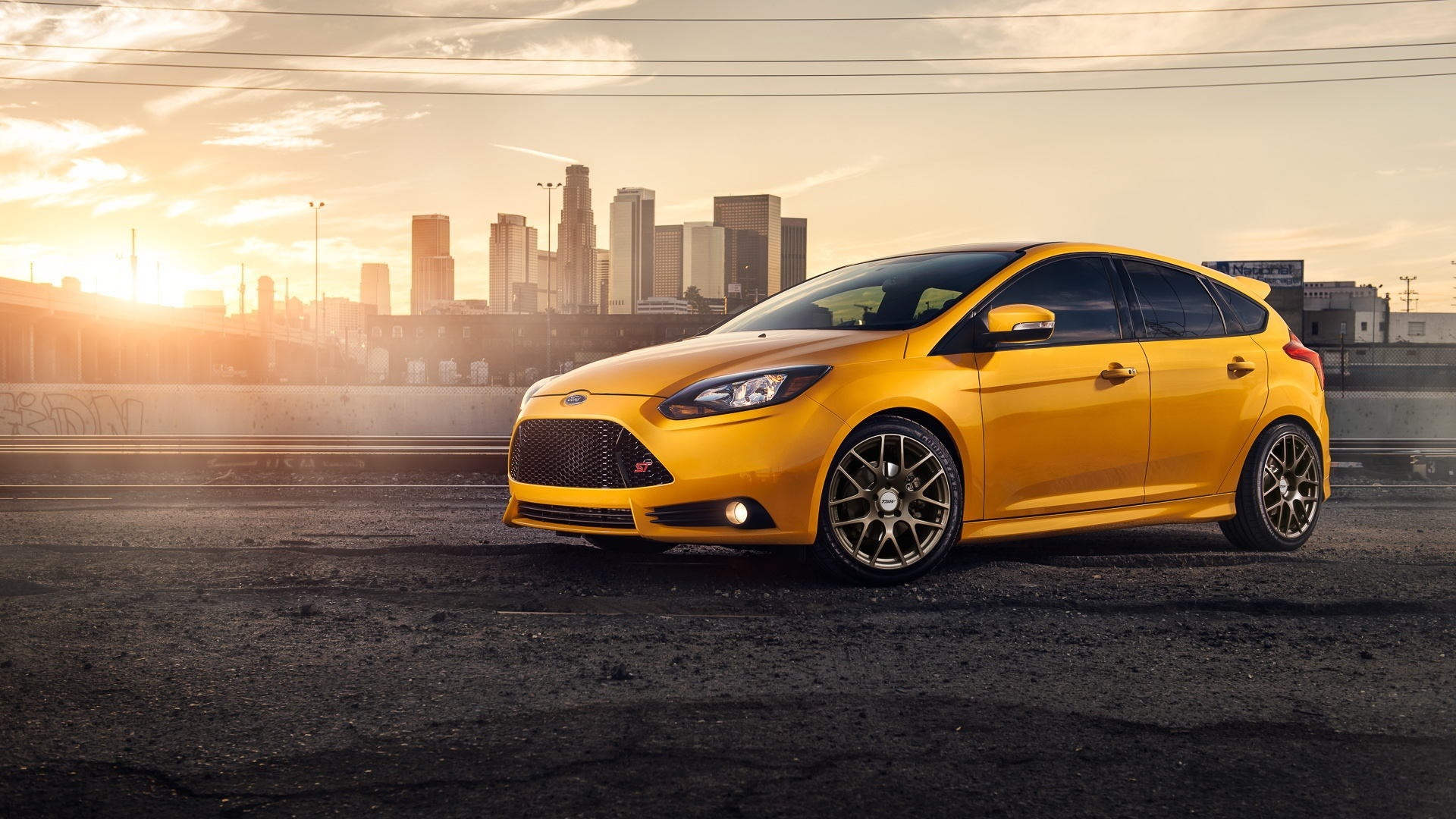 Yellow Ford Focus ST car side view 1920x1080