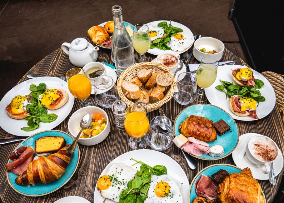 Delicious French dishes on a table in a traditional bistro