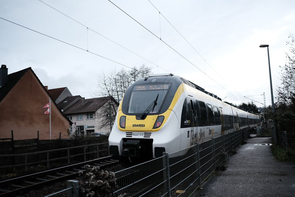 Regional train traveling through scenic German countryside with mountains and a castle in the distance