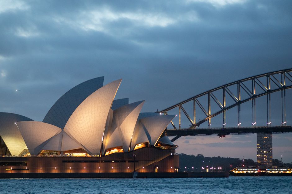 Iconic Sydney Opera House and Harbour Bridge at sunset in Australia