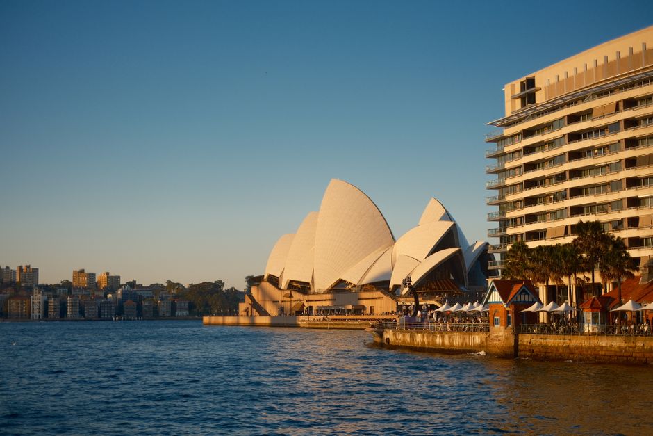 Sunny day at Sydney Opera House, Australia with clear blue skies
