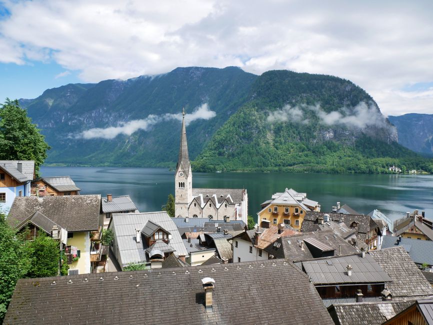 Picturesque Hallstatt village in Austria nestled by a serene lake with towering mountains in the background