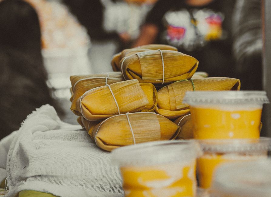 Vibrant street food market in Brazil with various local delicacies