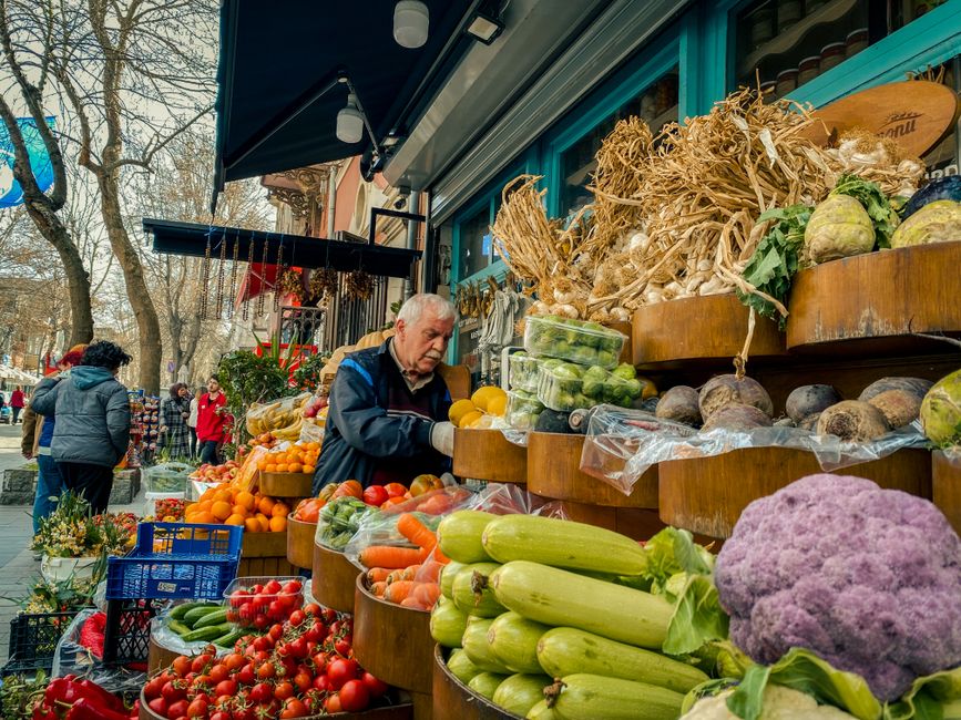 Vibrant street market in Sofia, Bulgaria, showcasing fresh produce and local life