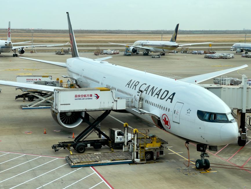Modern airport terminal in Canada with planes visible through large windows