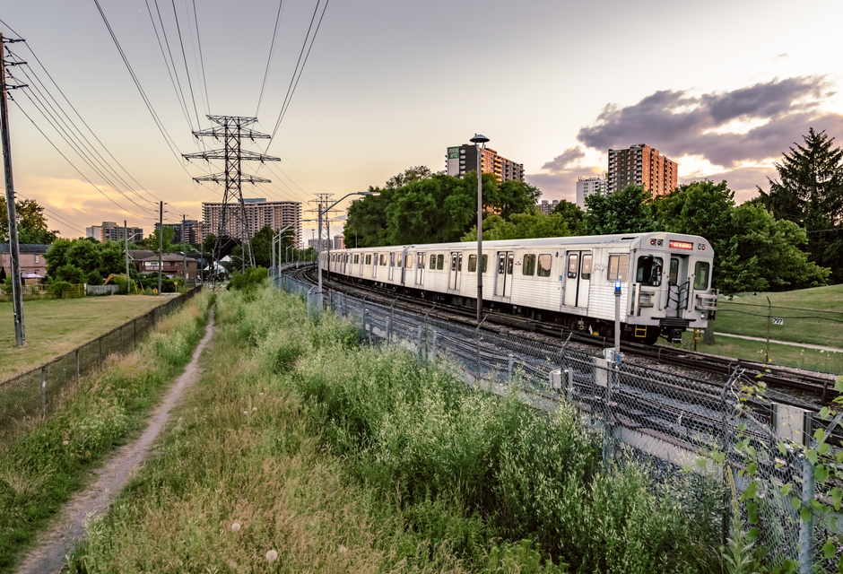 Modern UP Express train arriving at Toronto Pearson International Airport station in Canada