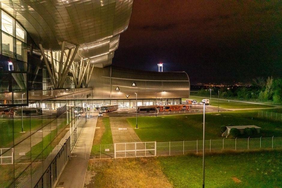 Modern exterior of Zagreb Airport terminal in Croatia