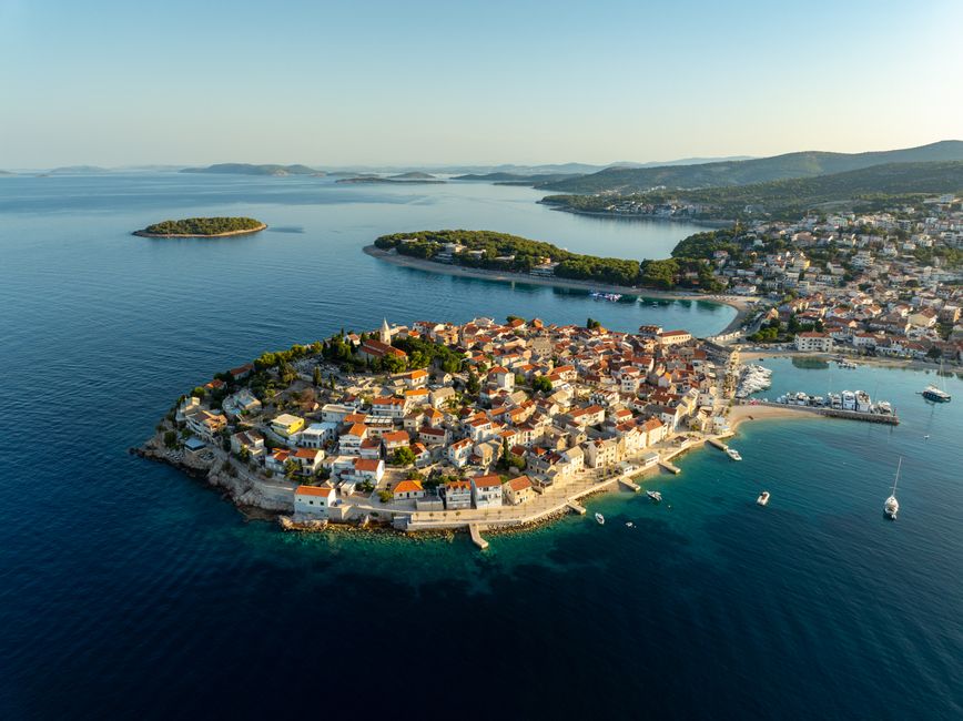 Stunning panoramic view of Croatian coastline with islands and turquoise sea, perfect for day trips.
