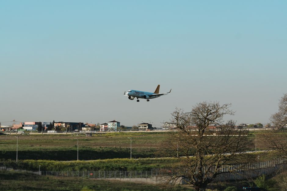 Airplane landing at Larnaca International Airport (LCA) in Cyprus