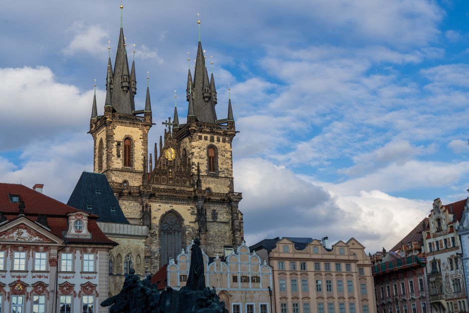 Historic Old Town Square in Prague, a UNESCO World Heritage Site, bustling with tourists
