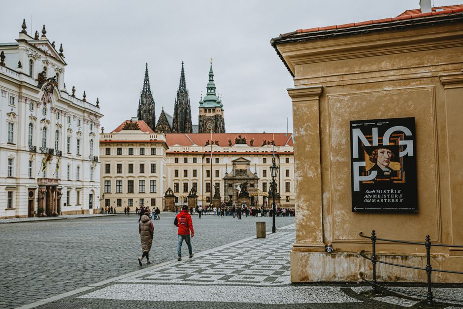 Tourist using smartphone on a street in Prague, Czech Republic