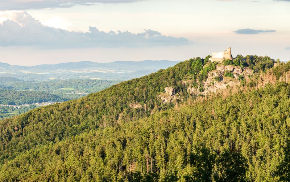 Panoramic view of a picturesque Czech Republic regional landscape with rolling hills and historic towns