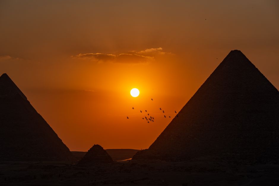 Majestic Giza Pyramids and Sphinx at sunrise in Egypt
