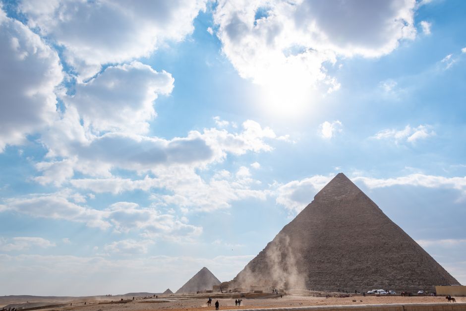 Sunny day at the Pyramids of Giza, Egypt, showcasing clear skies