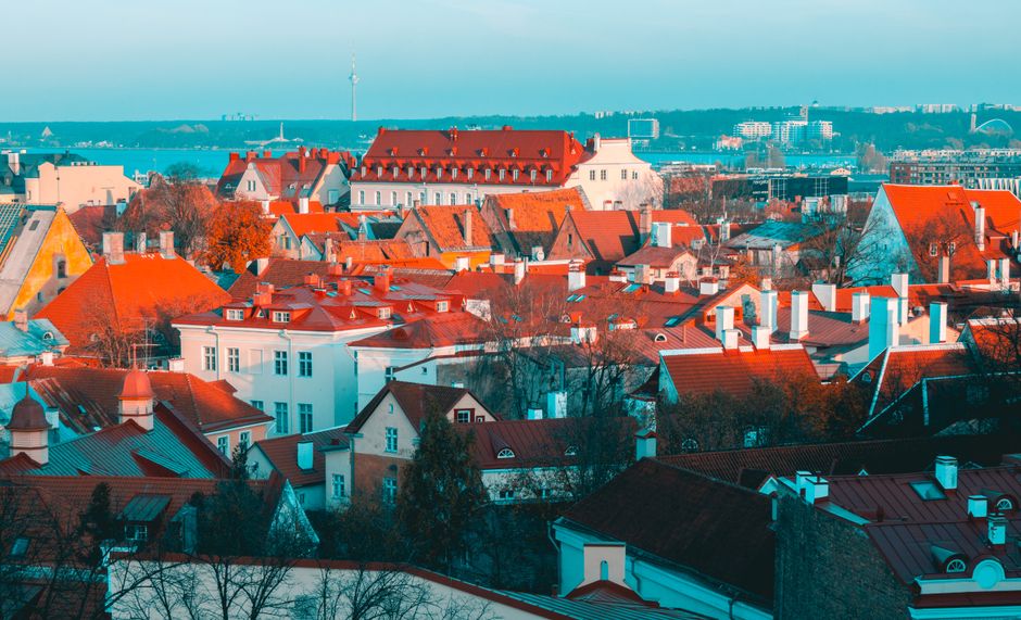 Panoramic view of historic Tallinn Old Town, Estonia, with medieval buildings and cobblestone streets