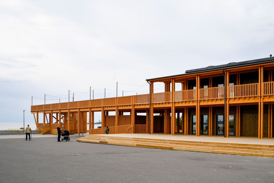 Modern exterior of Tallinn Airport in Estonia with blue skies