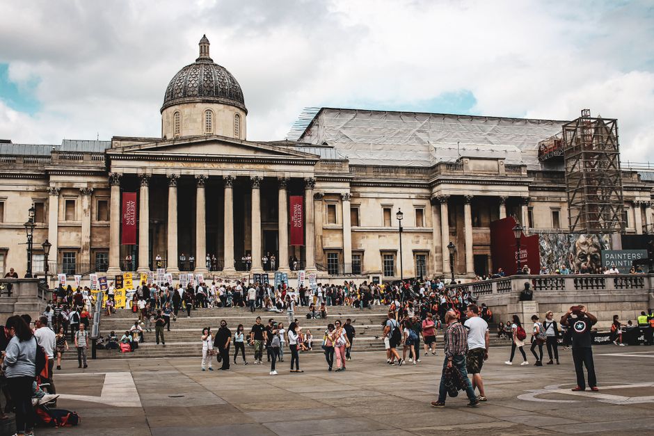 Exterior view of the British Museum in London, Great Britain, a free cultural attraction.