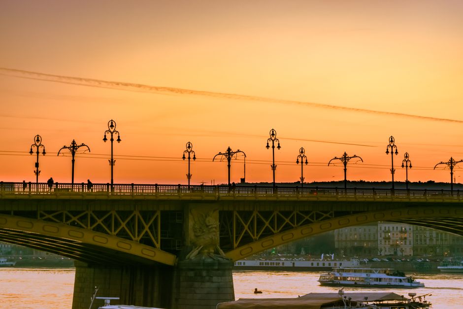 Panoramic view of Budapest cityscape with Chain Bridge and Parliament building at sunset, Hungary