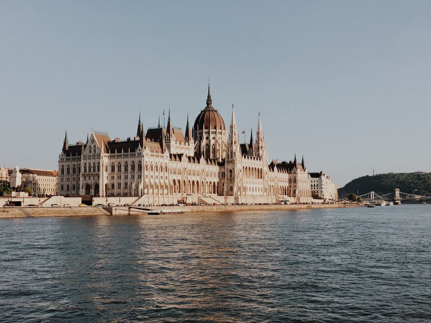 Sunny view of the Hungarian Parliament Building in Budapest, Hungary