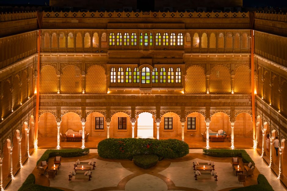 Beautiful boutique hotel exterior in India with traditional architecture