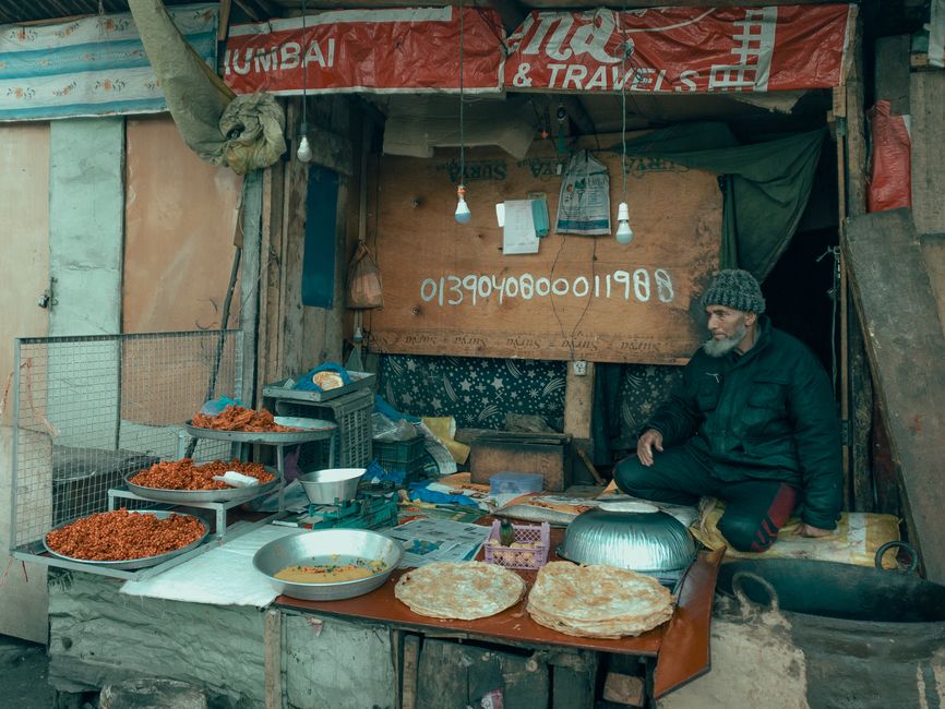 Vibrant street food market in India with various local dishes and vendors