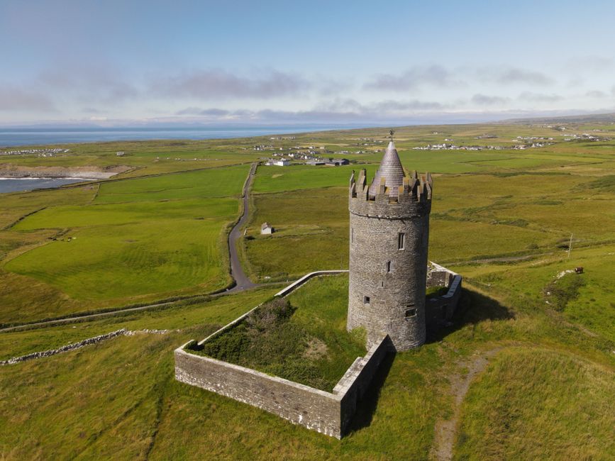 A car driving on a scenic coastal road in Ireland, highlighting car rental for exploring the country's beauty.