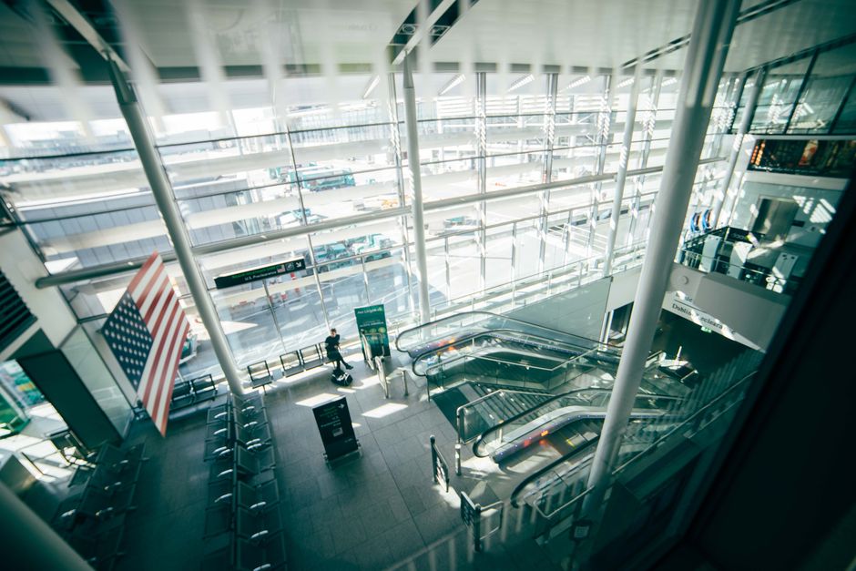 Modern terminal building at Dublin Airport, Ireland with planes on the tarmac