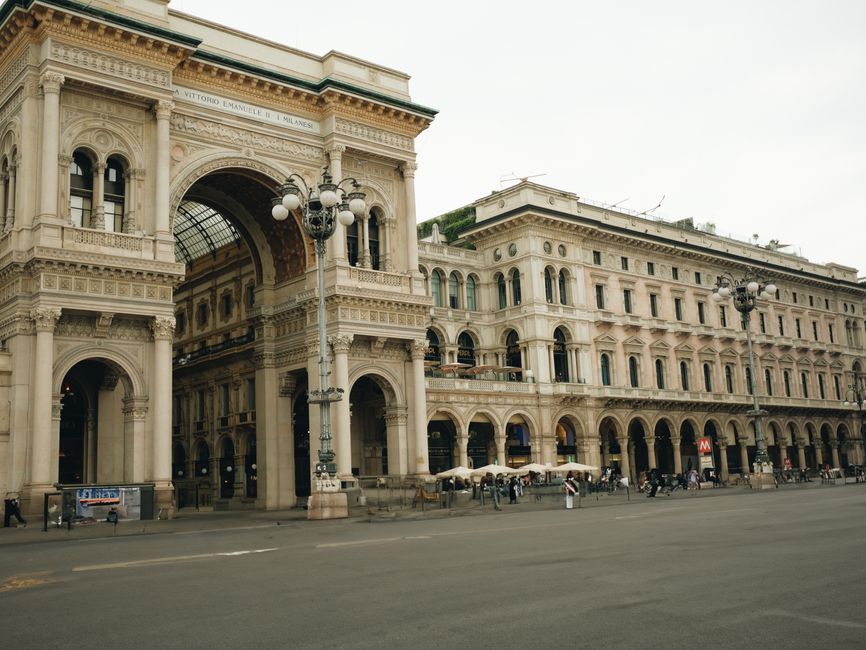Elegant shopping street in Milan, Italy, with designer boutiques