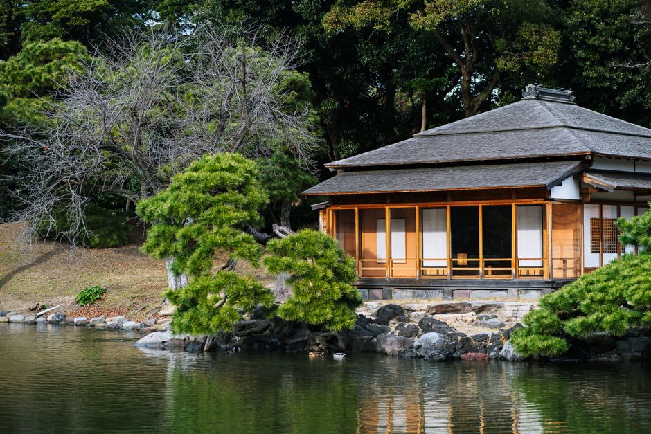 Beautiful traditional Japanese ryokan with a serene garden in Kyoto, Japan