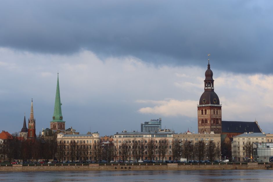 Panoramic view of Riga Old Town at sunset in Latvia