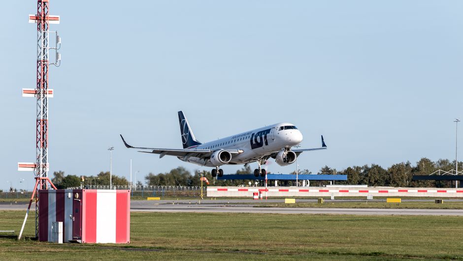 Modern exterior of Riga International Airport (RIX) in Latvia under a clear sky