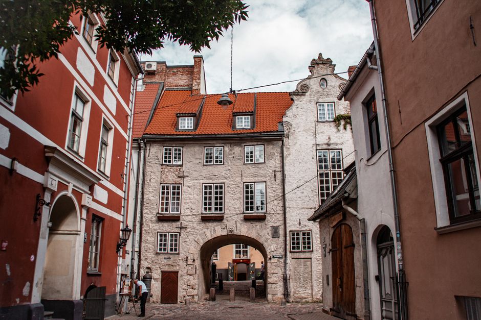 Panoramic view of Riga Old Town, Latvia, with historic buildings and spires