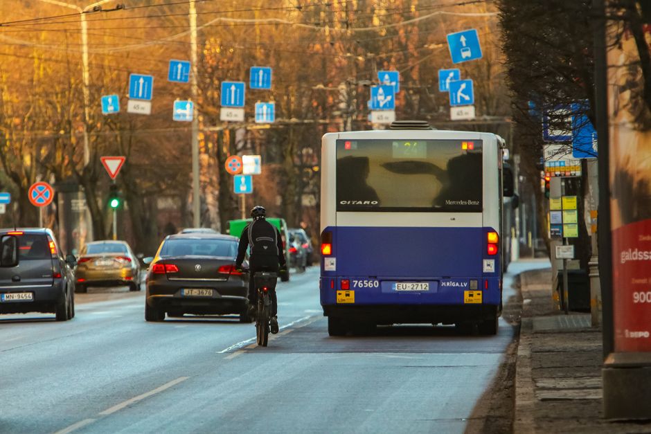 Modern tram moving through the historic streets of Riga, Latvia