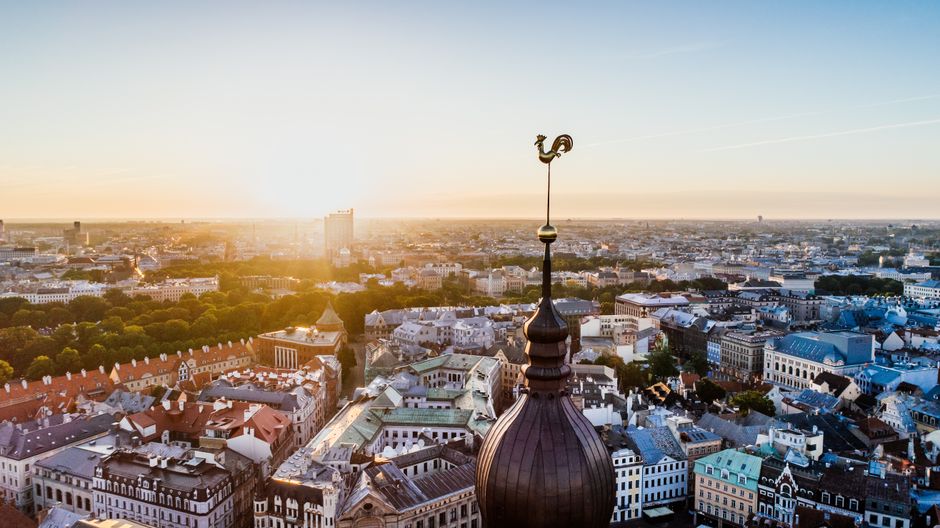 Sunny summer day in Riga, Latvia with historic buildings and clear skies