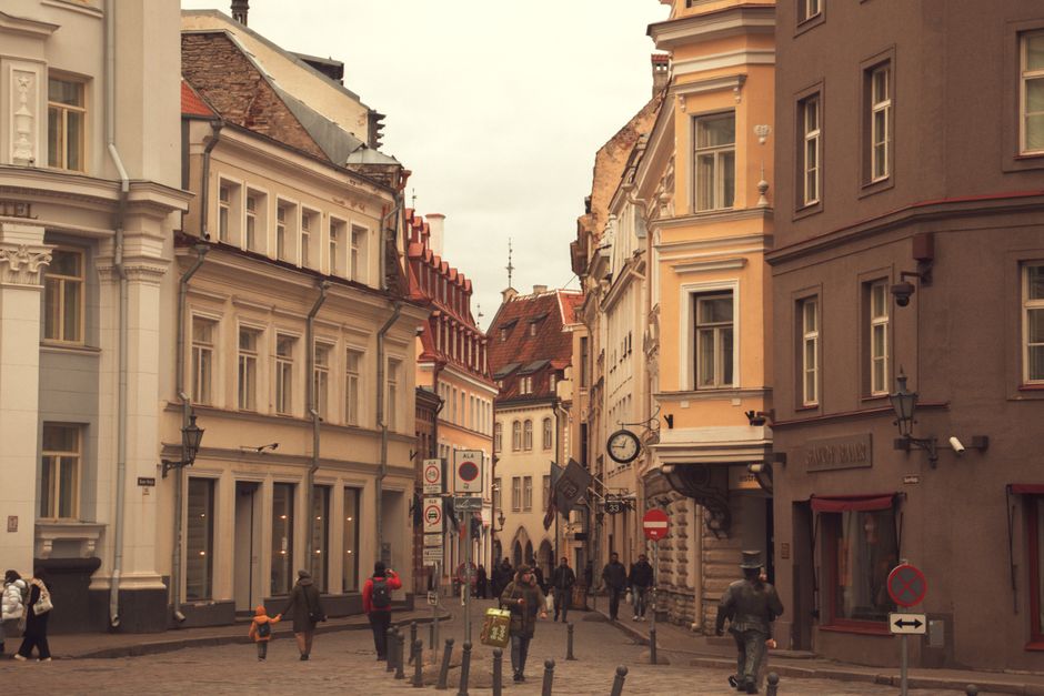 Vibrant street in Vilnius Old Town, Lithuania, with historic architecture and cafes