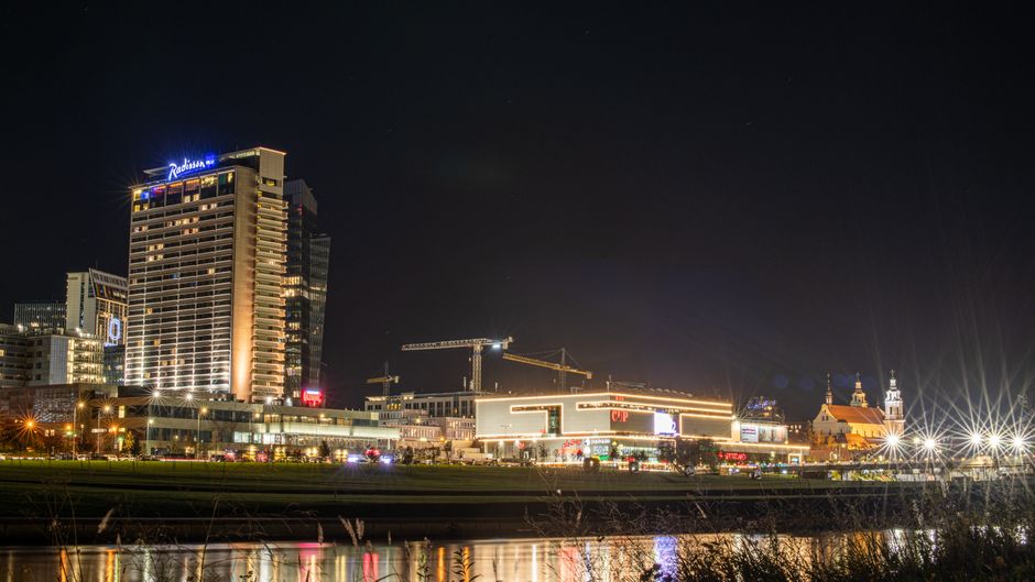 Exterior view of Vilnius International Airport in Lithuania with modern architecture