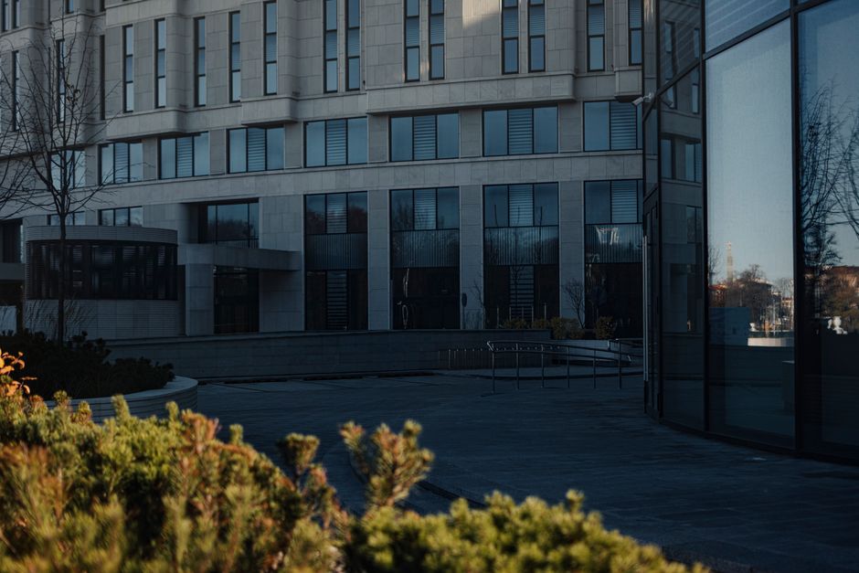Elegant hotel facade in Chisinau, Moldova, at sunset