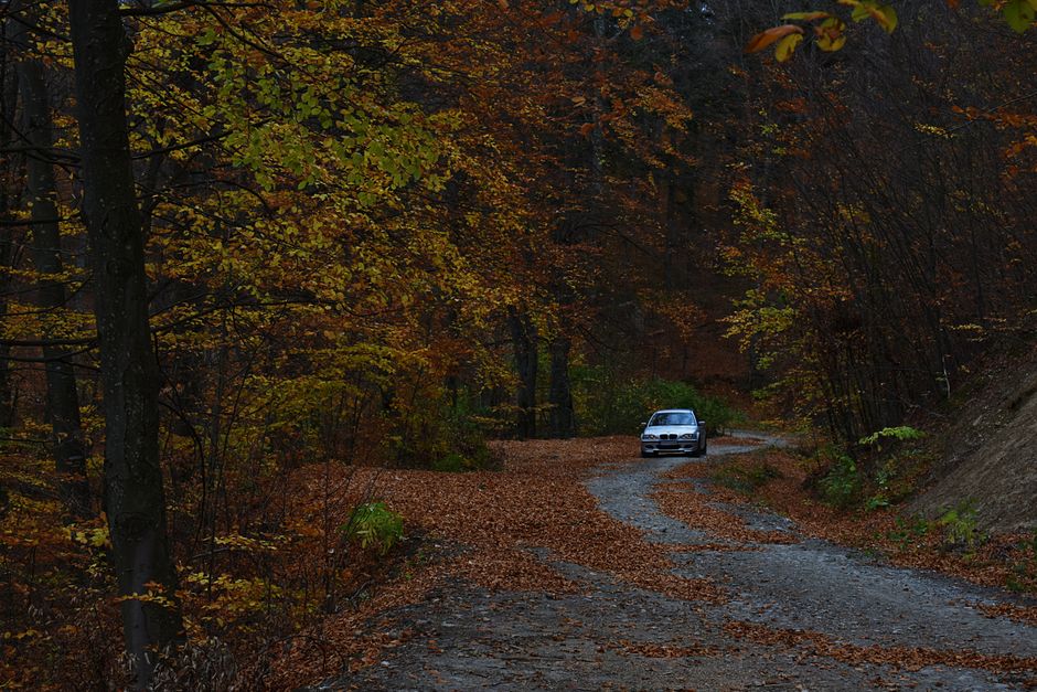 A car driving on a scenic road through the Moldovan countryside