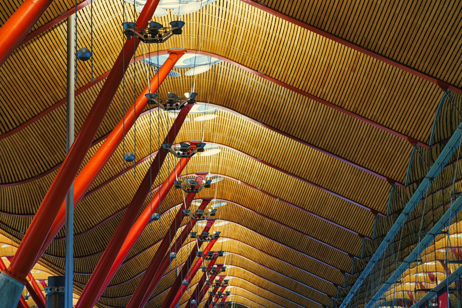 Modern terminal at Marrakech Menara Airport in Morocco with planes visible