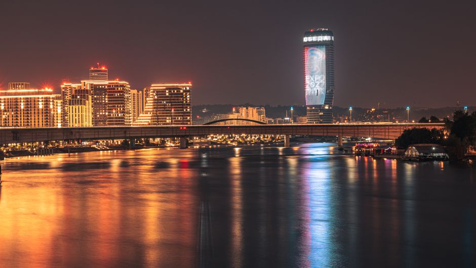 Panoramic view of Belgrade, Serbia, with historical buildings and the Sava River at sunset