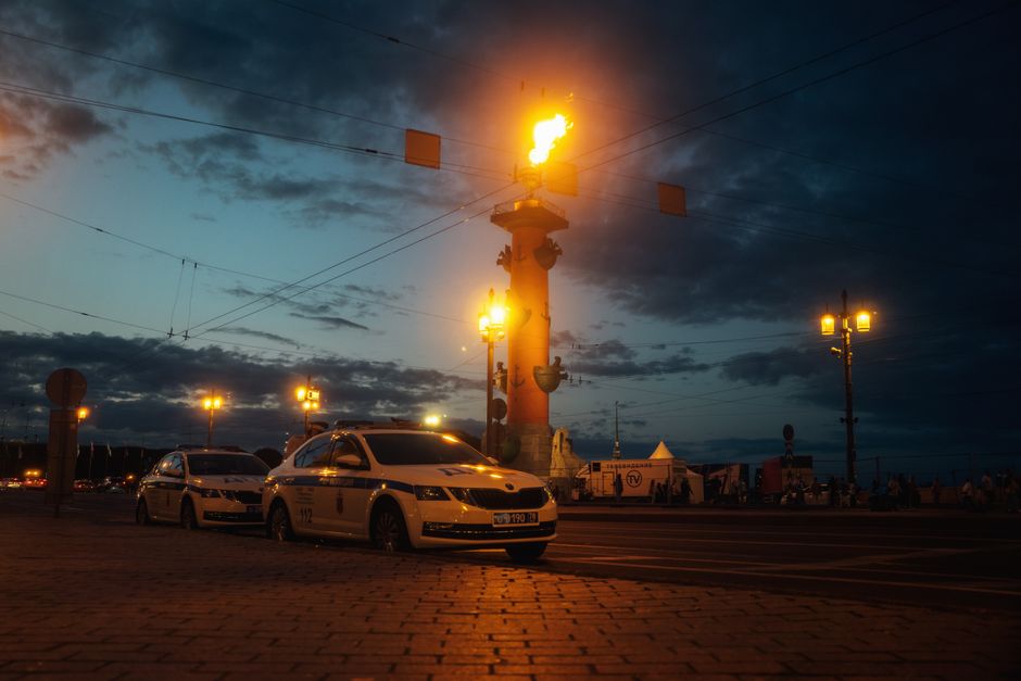 Police car with flashing lights on a street in Belgrade, Serbia