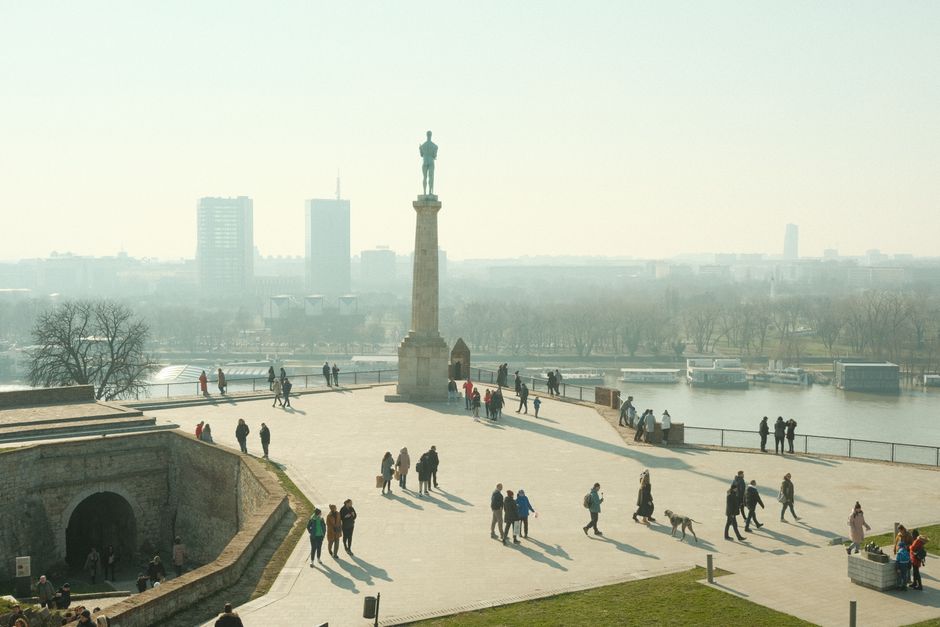 Tour group gathered at Republic Square in Belgrade, Serbia, ready for a walking tour