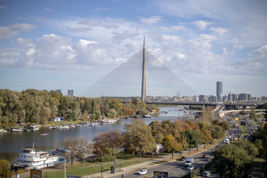 Sunny Belgrade cityscape with historic buildings and blue sky in Serbia