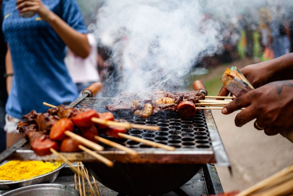 Vibrant street food market in South Africa with various local dishes