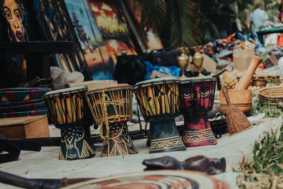 Colorful handcrafted items at a vibrant market in South Africa