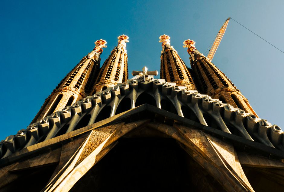 The majestic Sagrada Familia basilica in Barcelona, Spain, under a clear sky