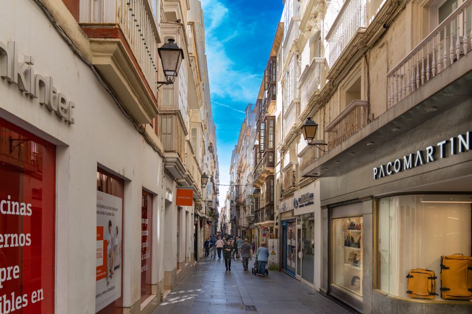People strolling and shopping on a vibrant street in Spain