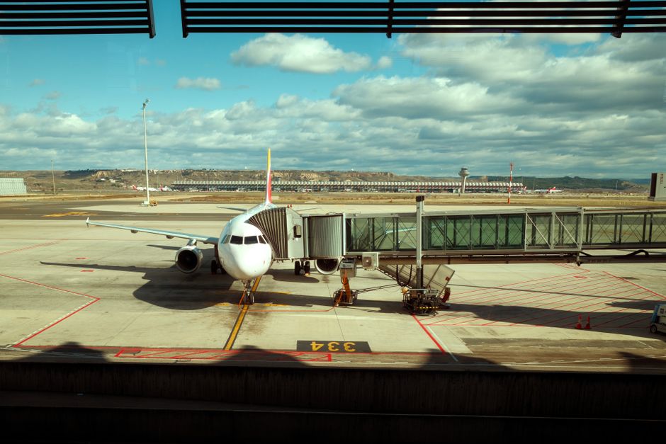 Modern terminal at Madrid Barajas Airport in Spain with passengers