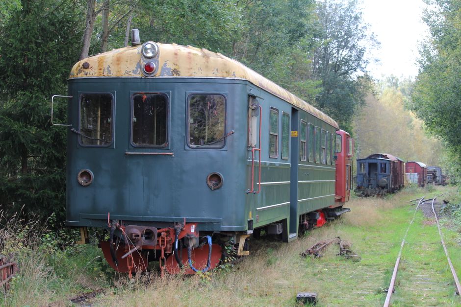 Scenic train traveling through the Swedish countryside on a day trip
