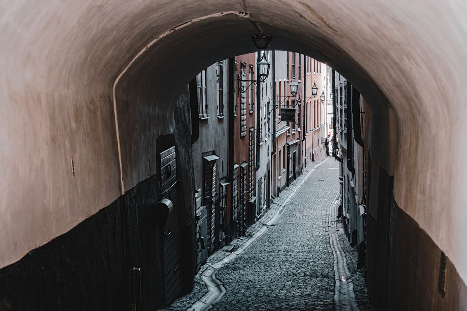 Historic Gamla Stan in Stockholm, Sweden, with colorful buildings and cobblestone streets